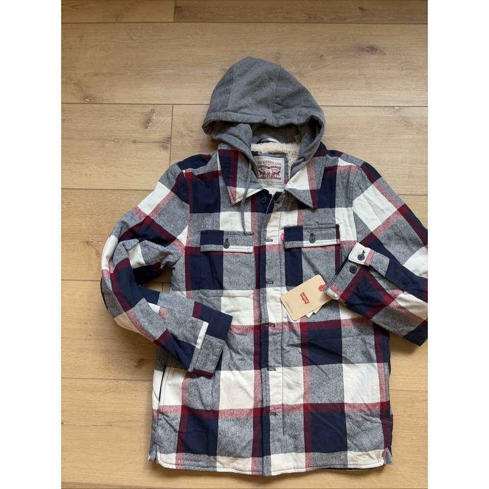 Levi's Sherpa Lined Flannel Hooded Shacket Adult Size Small Navy Plaid Jacket